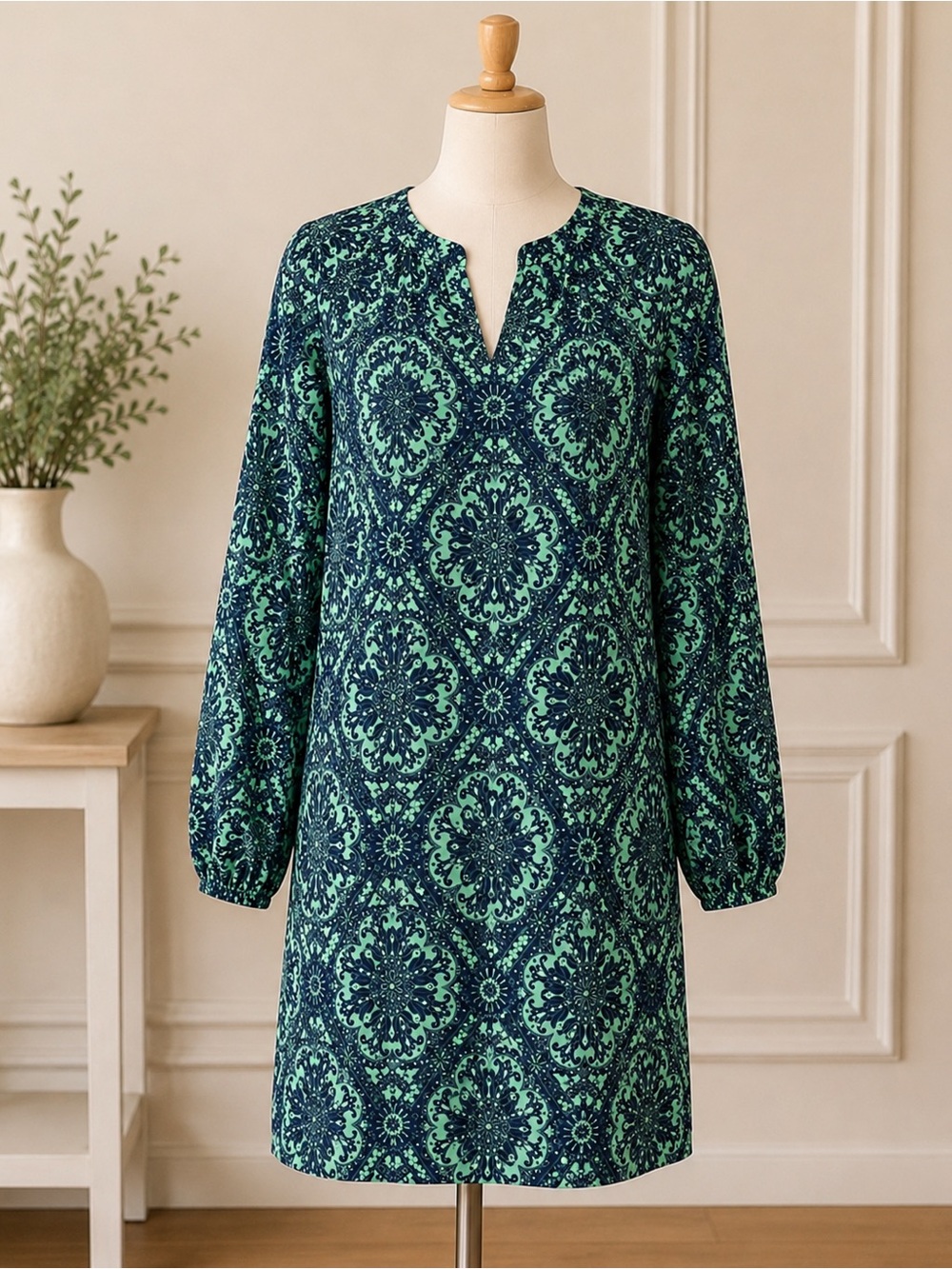 LOFT Navy and Green Printed Long-Sleeve Shift Dress